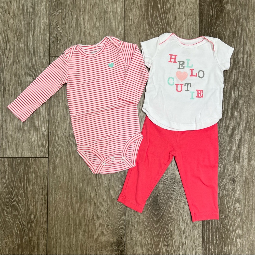 CARTERS 3PC LONG SLEEVE BODYSUIT SHORT SLEEVE TOP AND PANTS 9MO